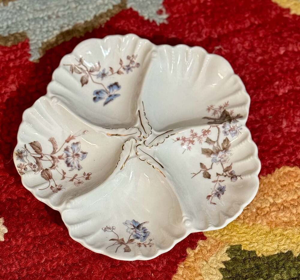 Antique M.R. Limoges France Porcelain Floral Oyster Plate with Gold Trim